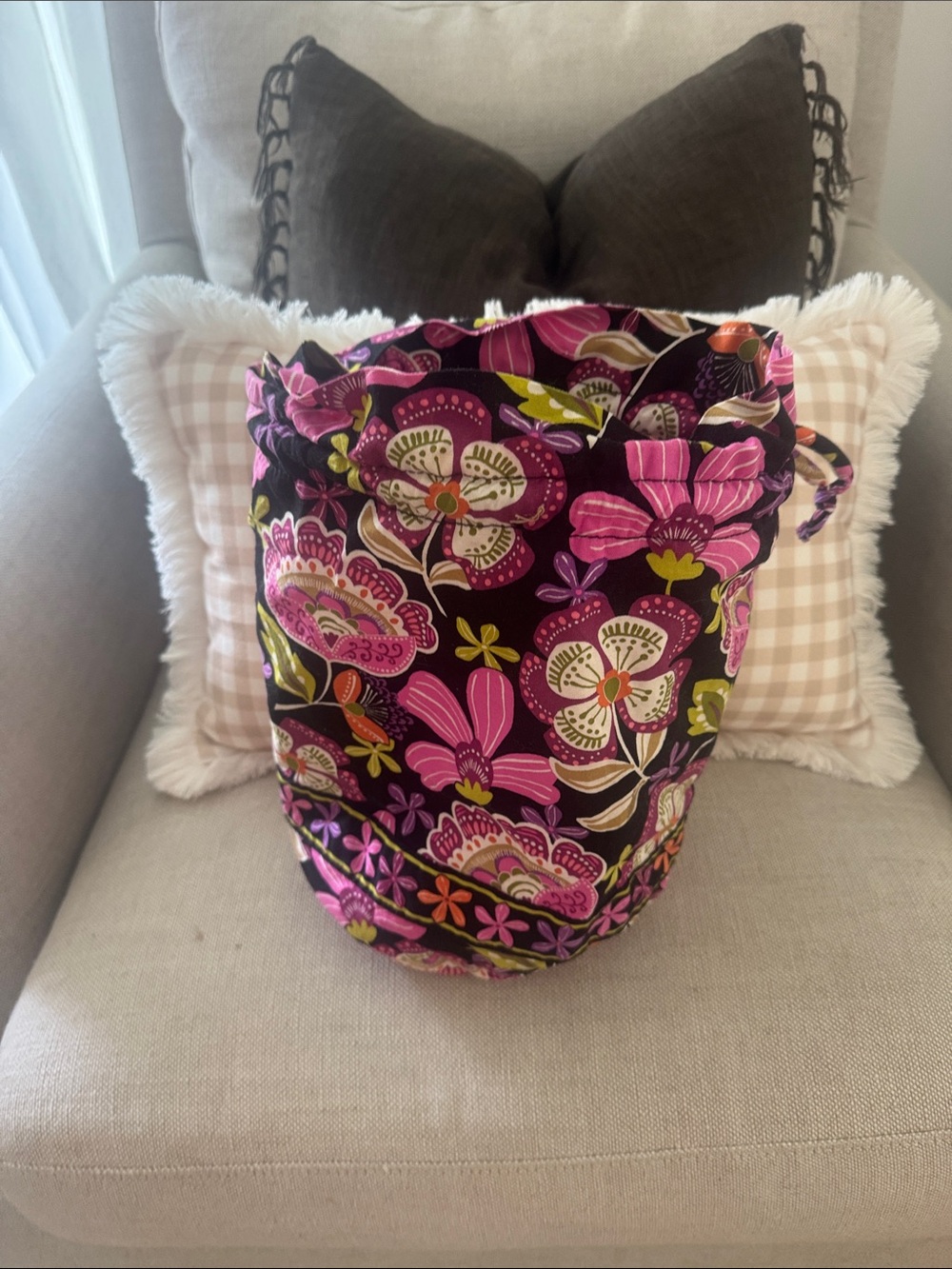 Vera Bradley Floral Drawstring Bucket Bag - Pink & Black (Shoe Bag for Travel)